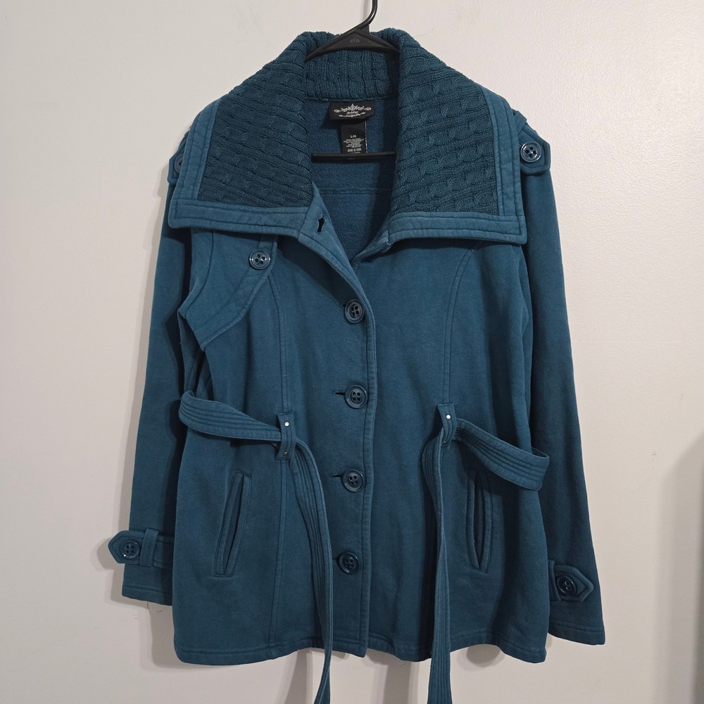 V#49 Sebby Collection Teal Blue‎ Knit Collar Belted Casual Jacket Women's L/G
